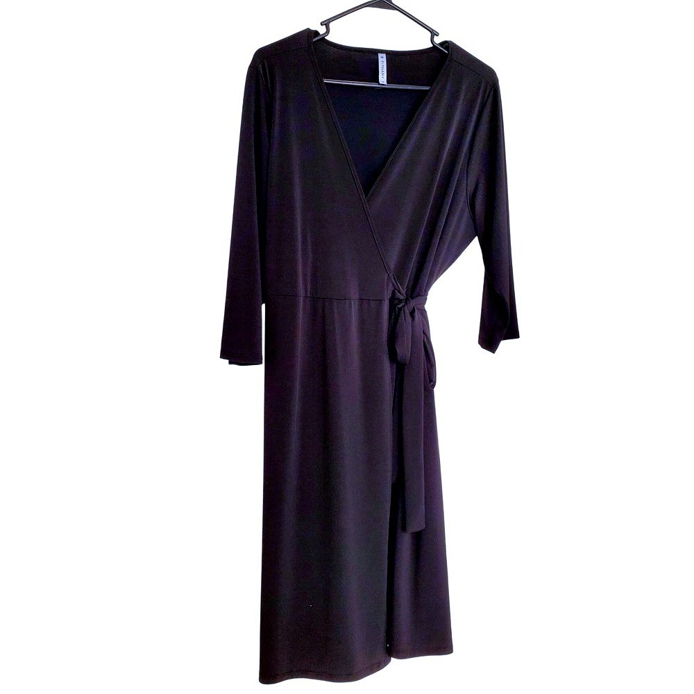 Piphany Wrap Dress Black 3/4 Sleeve V-Neck Knee Length Plus Size 2X